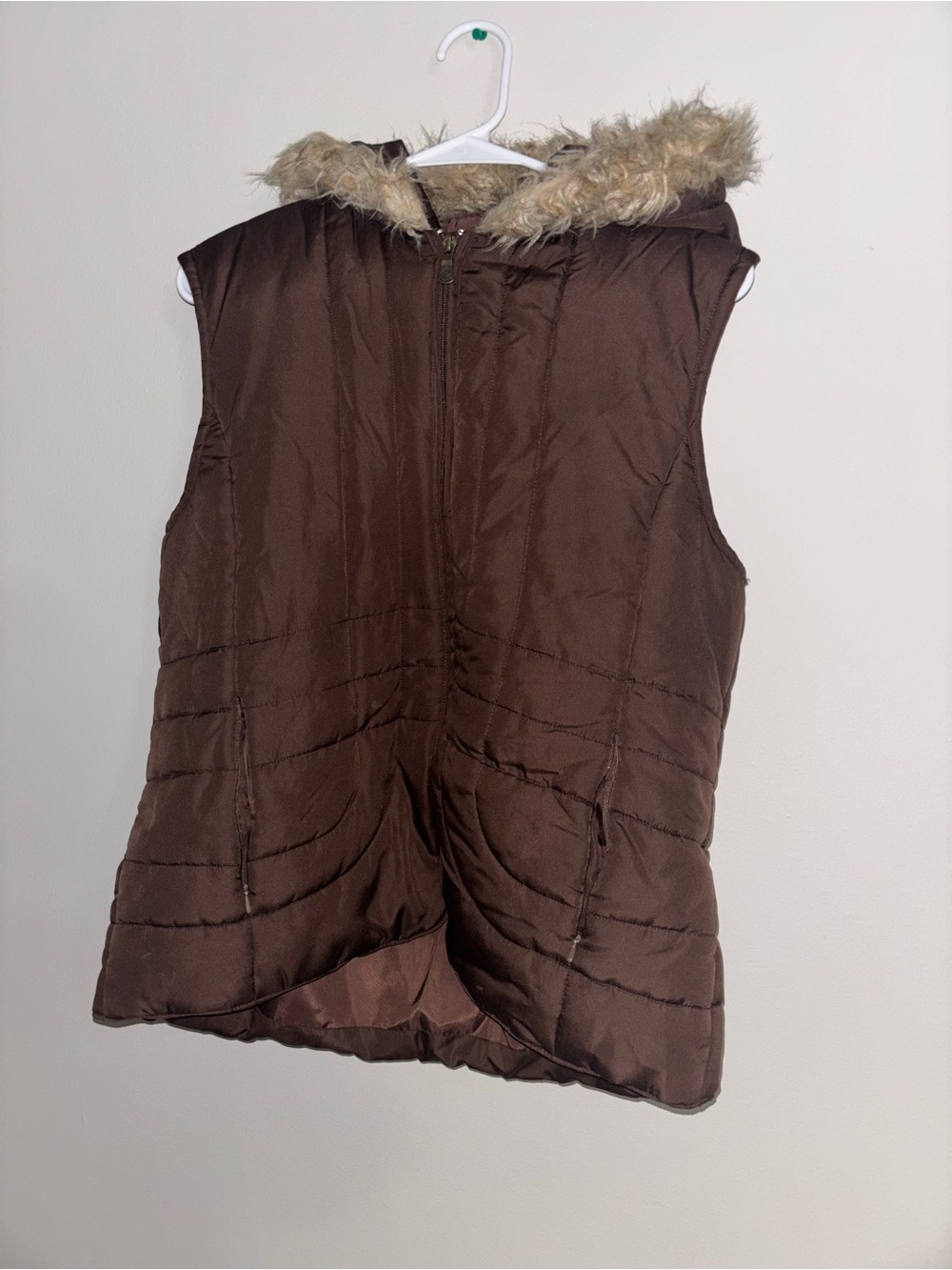 Brown Quilted Faux-Fur Trim Hooded Vest